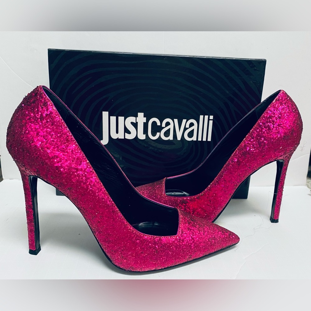 JUST CAVALLI Italy Magenta Fuschia Glitter Stiletto Heel Pump Shoe New 40/9